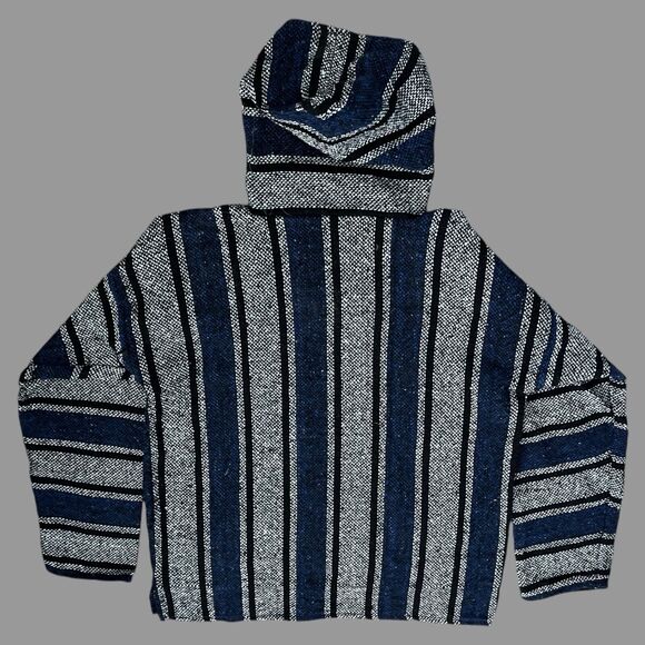 Pilotzi Mexican Baja Hoodie Poncho Sweater Size L Black Blue Striped Boho Skater - Picture 2 of 3